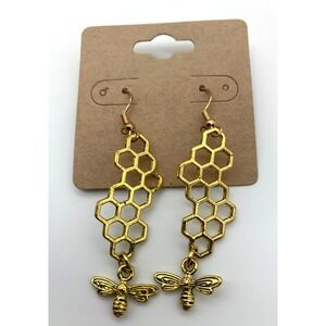 Gold Tone Honeycomb & Bee Dangle Earrings Hexagon Hive Charm